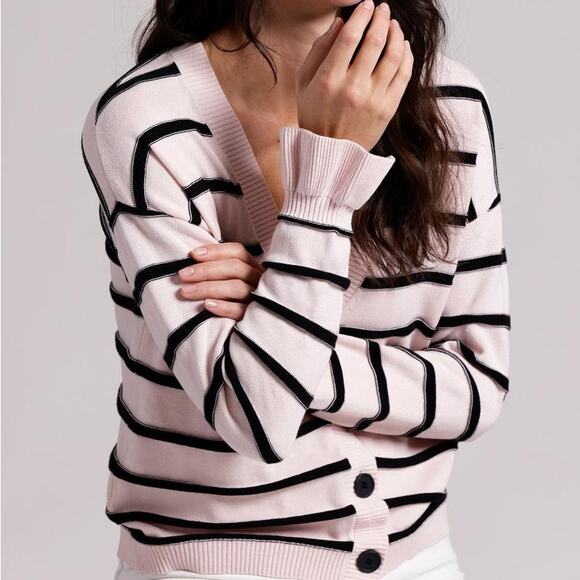 NWT Minnie Rose Button Up Striped Cotton Cardigan Sweater Ruffle Wrist Size S - Picture 2 of 4